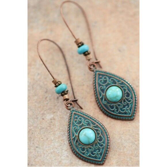 Vintage Turquoise Teardrop Earrings Boho Swirl Copper Alloy Beaded Hook 1 - Picture 1 of 4